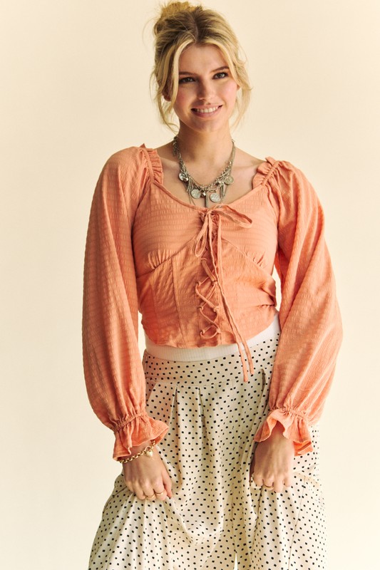 Strap Front Corset Look Long Puff Sleeve Blouse - Peach