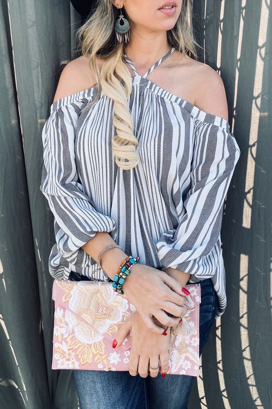 Stripe Printed Cold Shoulder Halter Neck Top - Off White Stripe