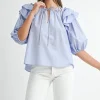 Stripe Ruffle Shoulder Puff Sleeve Blouse - Light Blue