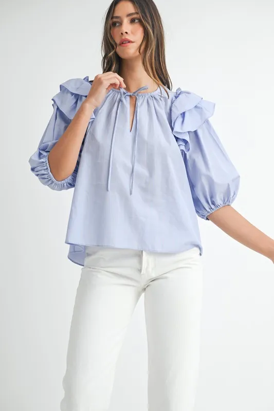 Stripe Ruffle Shoulder Puff Sleeve Blouse - Light Blue