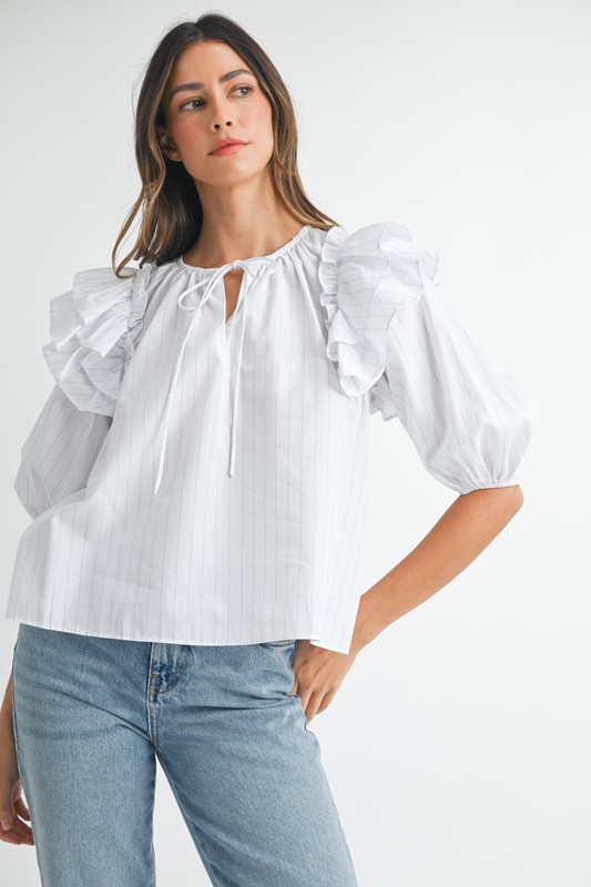 Stripe Ruffle Shoulder Puff Sleeve Blouse - Off White