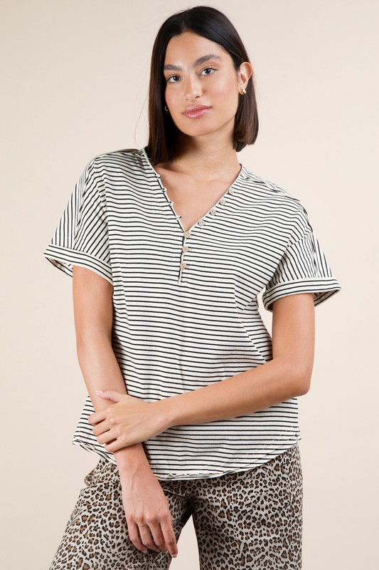 Striped V-Neck Short Sleeve T-Shirt - Black