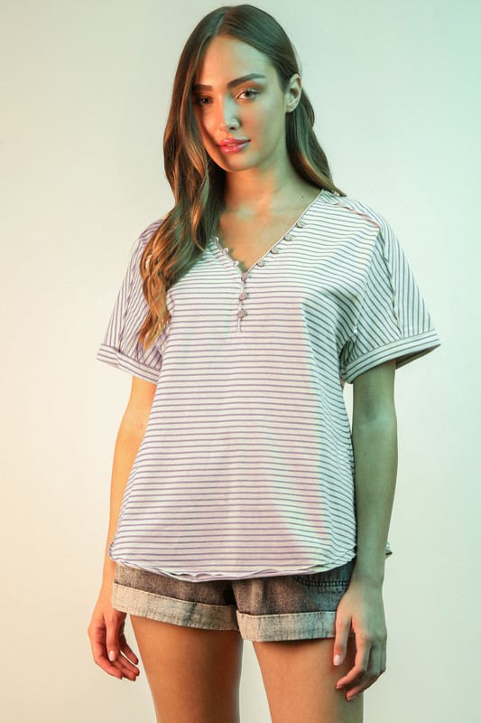 Striped V-Neck Short Sleeve T-Shirt - Lavender