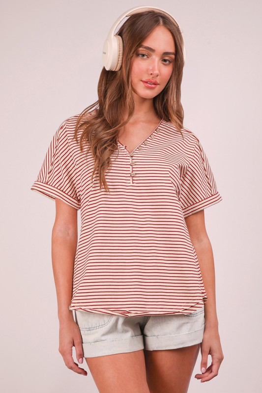 Striped V-Neck Short Sleeve T-Shirt - Red