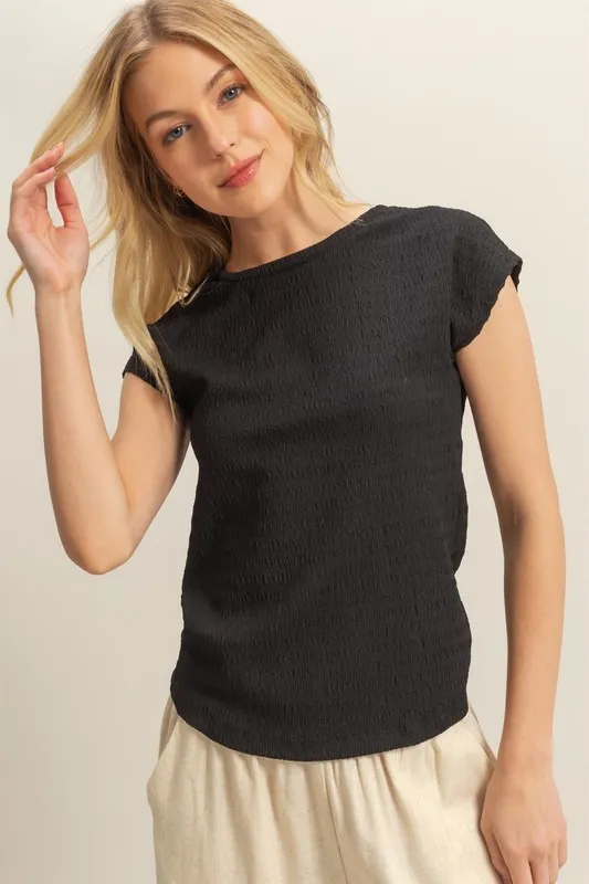 Textured Round Neck Cap Sleeve Knit Top - Black