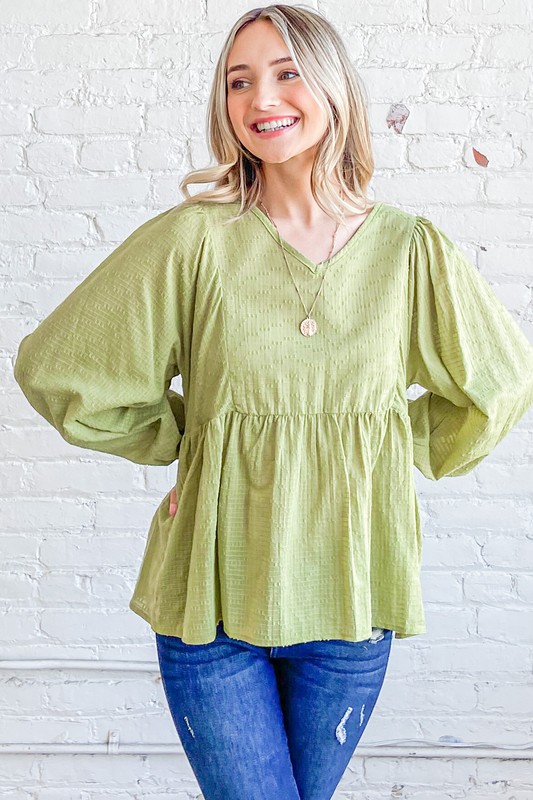 Textured V Neck Blouse Top - Lt.Green