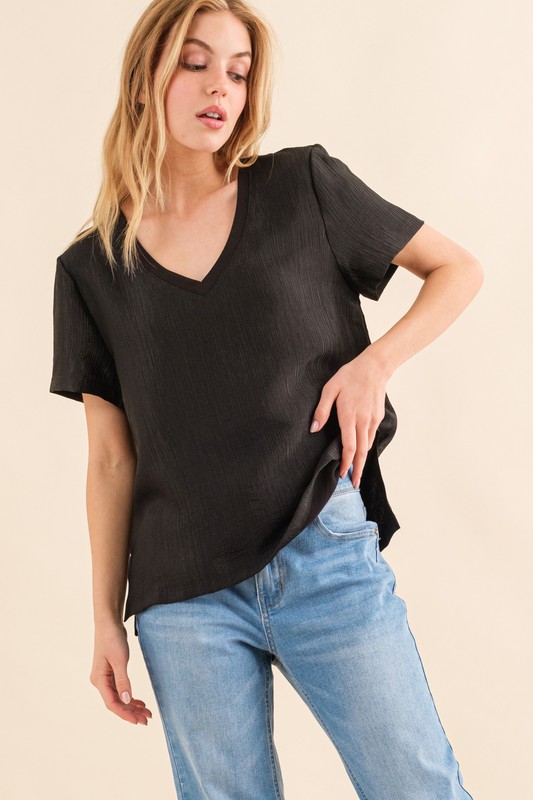 Textured Woven Short Sleeve T-Shirt - Black