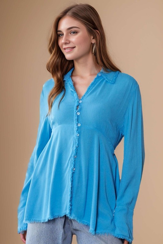 V-Neck Open Back Adjustable Babydoll Shirt - Ocean Blue