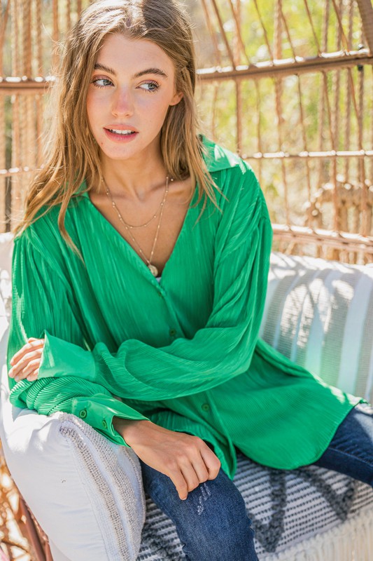 V Neck Pleated Long Sleeves Shirt - Green