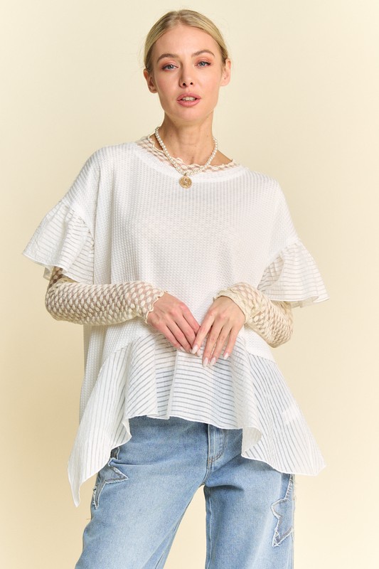 Waffle Knit Bodice Ruffle Bottom Detail Top - White