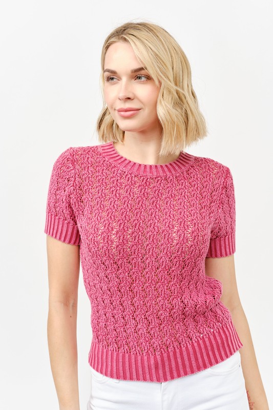 Washed Short Sleeve Light Weight Sweater - Fuchsia