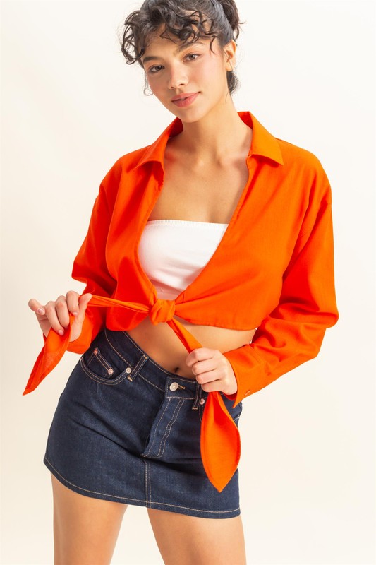 Washed Tie Front Crop Top - Tomato