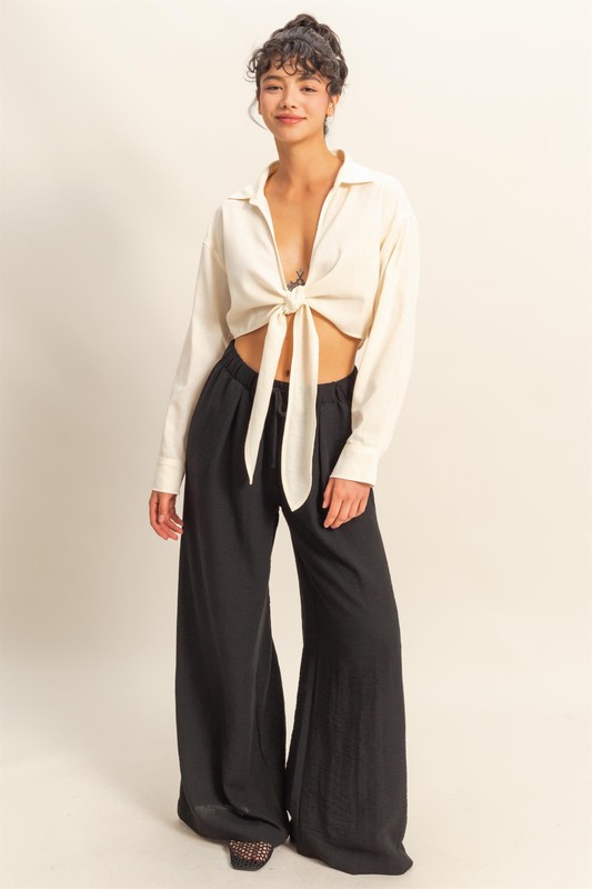 Washed Tie Front Crop Top - White